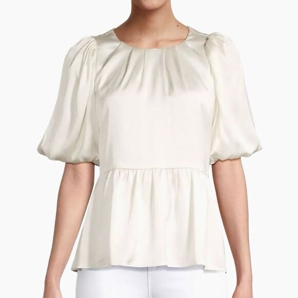 Lilly Pulitzer Blakelynn Cream Satin Peplum Puff Sleeve Top NWT Size 12/Large - Picture 8 of 8